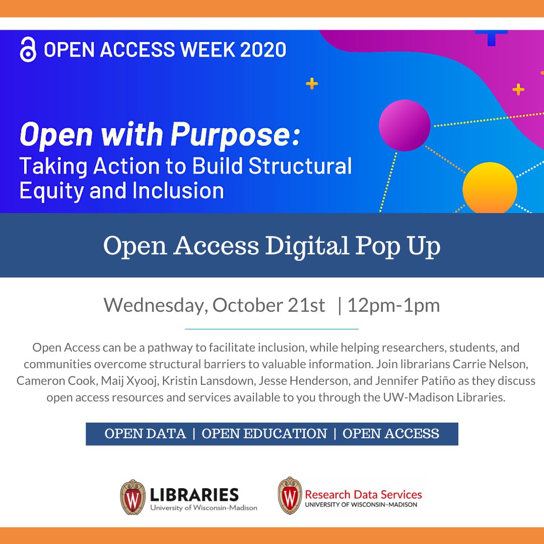 Happening tomorrow from 12pm-1pm, join our librarians Carrie Nelson, Cameron Cook, Maij Xyooj, Kristin Lansdown, Jesse Henderson, and Jennifer Patiño as they discuss open access resources and services available to you through the UW-Madison Libraries. 

#OEweek #OpenAccessWeek