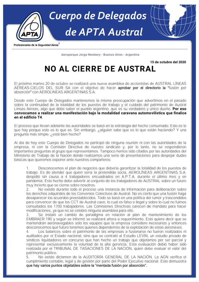 laCELESTEdeAPTA's tweet photo. Trabajadores de Austral manifestan su preocupación sobre la continuidad de la totalidad de los puestos de trabajo y el cuidado del patrimonio de Austral Líneas Aéreas. https://t.co/qq3I2eg15j