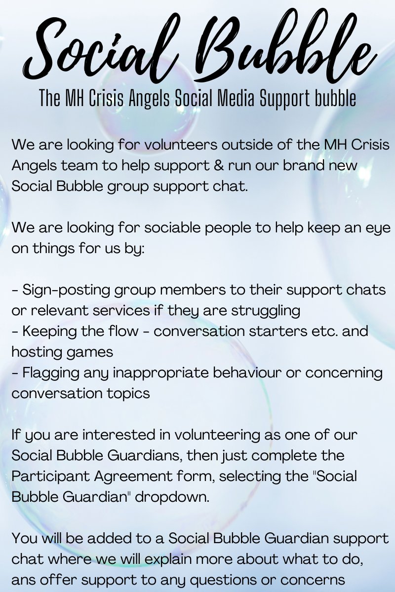 🗣 We are excited to announce we are launching a new trial support group to help those struggling with:

• #Loneliness
• #MentalHealth issues
• Making new friends

🗓 #SocialBubble launches on 1st Nov

✍ Join here: form.jotform.com/202934817235053

#MHCrisisAngels #LonelyTogetherChat