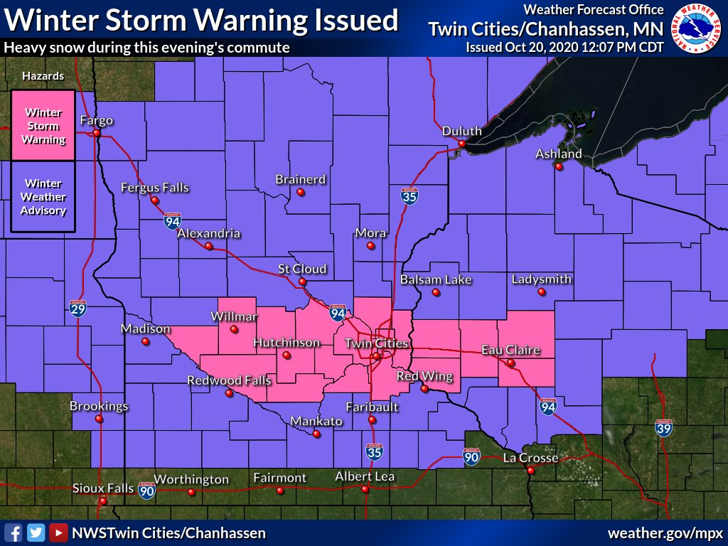 A Winter Storm Warning has been issued for portions of central MN and west-central WI until 7pm this evening. Snowfall rates will increase and become heaviest during the afternoon commute. Expected snow accumulations of 4-6", with locally higher amounts possible. #mnwx #wiwx