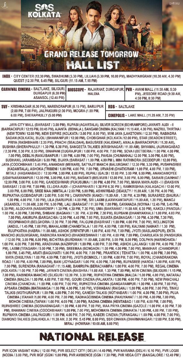 TollyBanglaBox1's tweet image. It's a grand release... #SOSKolkata... 

#HallCount :- Approx. 143 Halls ( Most probably highest number of halls among all films) 

All the best to full #SOSKolkata team.. @Yash_Dasgupta @mimichakraborty @nusratchirps
@a_pratyush @SahaEna @pratyush_prod