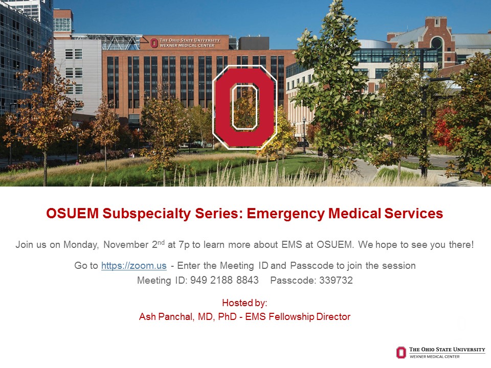 All season long, our faculty and seniors residents will host virtual forums to discuss the many specialty interest areas in EM. Join our EMS #Fellowship Director, <a href="/AshPanchalMD/">Ash Panchal, MD, Ph.D.</a>, on Monday, 11/2 at 7p as he answers your questions about #EMS at #OSUEM. <a href="/OSUWexMed/">The Ohio State University Wexner Medical Center</a> <a href="/OhioStateMed/">The Ohio State University College of Medicine</a>