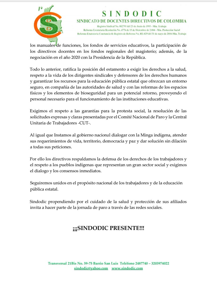 <a href="/Sindodic/">SindodicSindicato Nacional de Directivos Docentes</a> rechaza las reformas pensional  y laboral , la arrogancia para el diálogo de <a href="/IvanDuque/">Iván Duque 🇨🇴</a> Comité Nacional de Paro  y otros sectores; incumplimiento acuerdos con Directivos Docentes  <a href="/Mineducacion/">MinEducación</a> Exigimos respeto por la vida, la protesta social y la salud como derecho