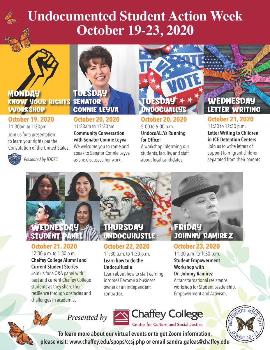 CCLanguageArts's tweet image. Please join us in attending these events for Undocumented Student Action Week! Happening Now through Friday! #chaffeynow #chaffeycollege #UndocumentedStudentActionWeek #undocumentedstudents #educationnotdeportation