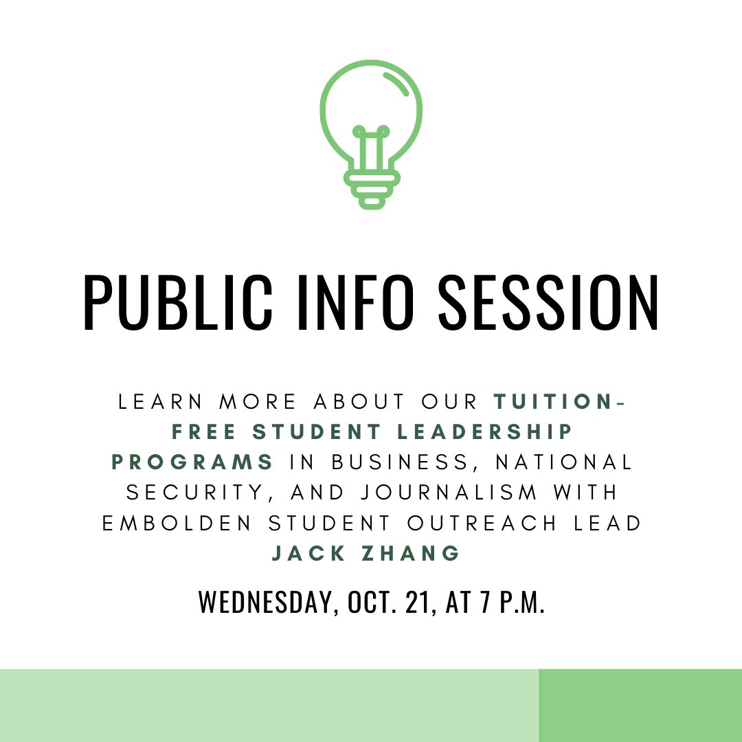 TeamEmbolden's tweet photo. Have questions about our upcoming student leadership programs in business, national security, and journalism? Awesome! Register for our public information session for lots of fun, and more importantly, lots of answers. Click here to secure your spot: https://t.co/8ZirzTJNLo. https://t.co/1pXF4zyjU7