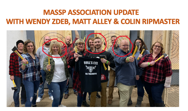 massp's tweet photo. It's been quite a year!! MASSP's Leaders- @wendyzdeb @PrinRipmaster & Matt Alley @mascmahs will provide #ReCon20 with a 15 min Association update at 1:30pm. (Spoiler alert- we won't be throwing axes). https://t.co/vD4aZ9f8Ez