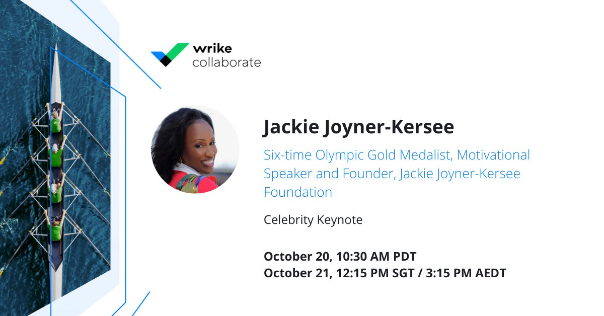 wrike's tweet image. 🏃🏾‍♀️ Our Celebrity Keynote with Jackie Joyner-Kersee, six-time Olympic Gold Medalist, Motivational Speaker and Founder Jackie Joyner-Kersee Foundation, starts now! 

Watch Here: bit.ly/WelcometoColla…