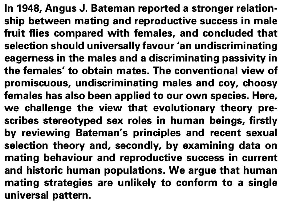 Turning to humans - we then read  @GillianRBrown1's 2009 review challenging the general applicability of Bateman's principles... Along with highlighting poor data, the equivalence of male & female reproductive success among monogamous societies is striking.  https://www.sciencedirect.com/science/article/pii/S0169534709001128