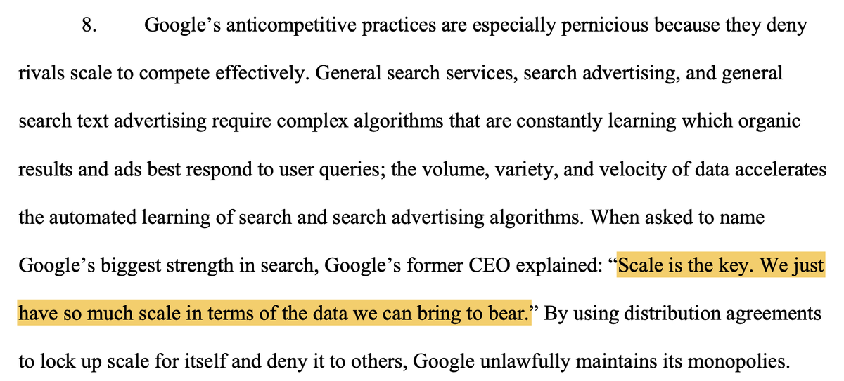 Economies of scale are at the heart of this case:The pro-competitive story: scale economies mean it's efficient (and good for consumers) to have only 1 or 2 large providers.The anti-competitive story: Google locks up the market to prevent rivals from reaching adequate scale.