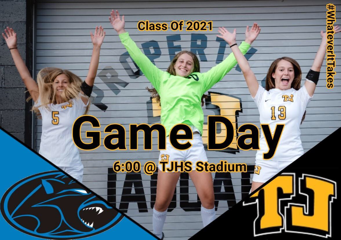 Lady Jaguars ⚽️ Seniors Emily, Maddison and Ava welcome you with open arms to their last regular season home game at #CherpsTurf. 😢 Kickoff at 6pm. Stick around for Senior Recognition and the Jaguars ⚽️ Boys game that follows. #WErTJ #SeniorWeek #WhateverItTakes #Rollin