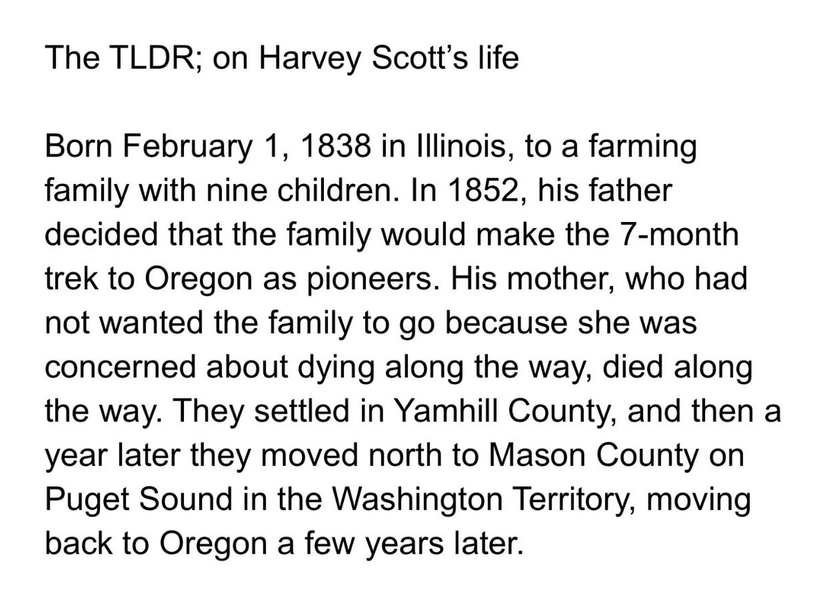 CLASSIC situation: Harvey Scott (and Abigail Scott Duniway)’s dad wanted to go out west, and their mom was like ...no, I will die. They went anyway and ...she died. Listen to women wtf right