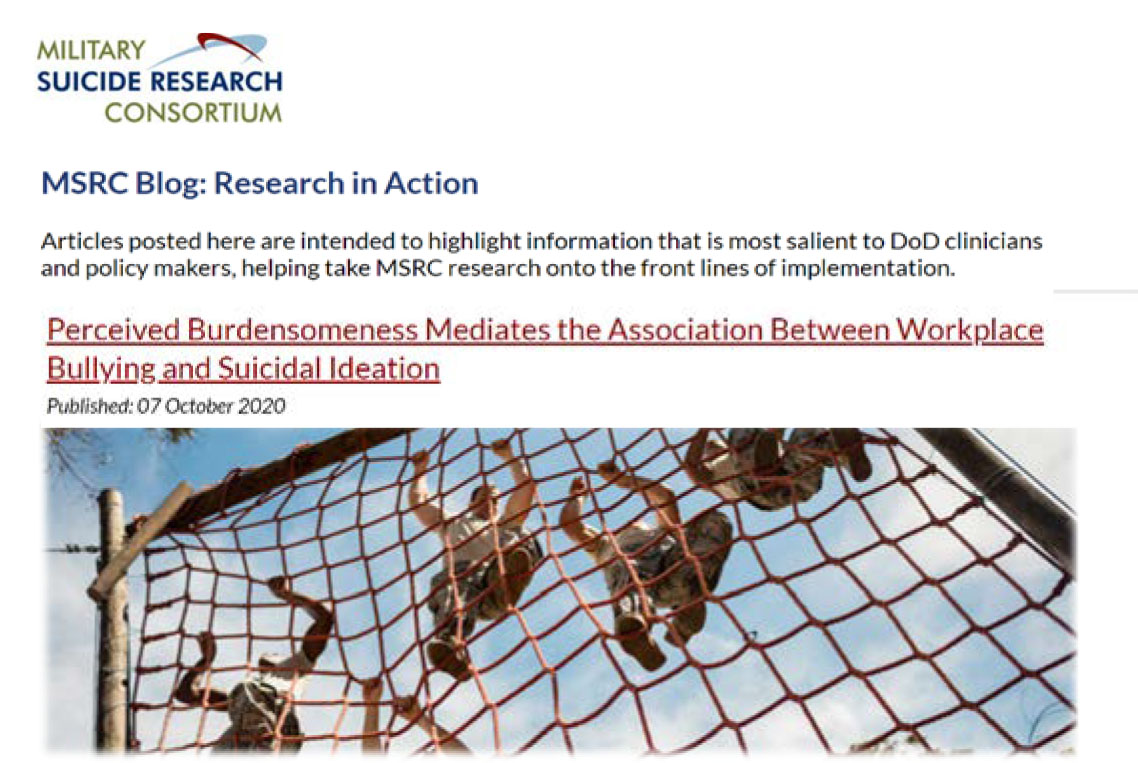 Study found that almost half (44%) of suicidal Service Members reported bullying in their workplace – the majority of whom (80%) reported #workplacebullying in the past six months. Learn more on the MSRC blog: fla.st/2Tm5K9D   #Science2StopSuicide #MilitarySuicide