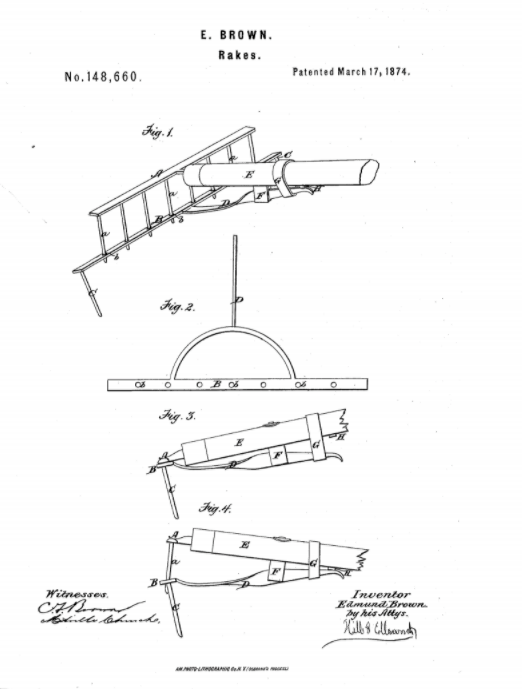 PatentTruth's tweet image. Cleaning up #Autumn leaves can be quite the challenge. But without the invention of a garden rake, #Fall foliage would be nearly impossible to manage. Take a look at the first #patent for a rake, issued to Edmund Brown in 1874.