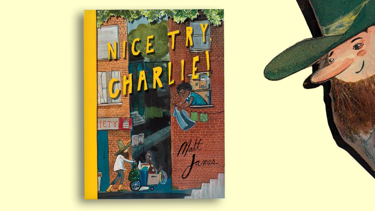 The cover of Nice Try Charlie is shown and the character Charlie, with his big green hat, is poking in from the top right corner, looking on.