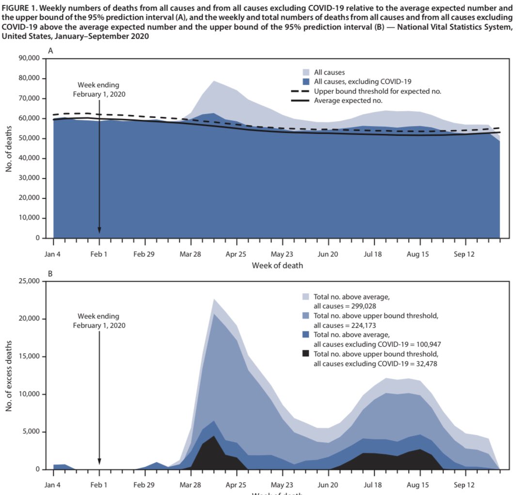 NEW—Largest CDC study on mortality to date pegs  #COVID19 associated excess deaths at 285k. But that is not all. There are huge % excesses deaths, especially in young adults 25-44 and in Hispanic, Black, Asian, Native American minorities. Whites less so.  https://www.cdc.gov/mmwr/volumes/69/wr/mm6942e2.htm