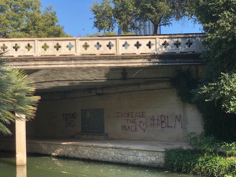 (1/2) Seen on the beautiful San Antonio River Walk, Repeal and Defund Police Activists are now defacing public property to get their message out. Too bad nearly all of San Antonio support police to keep their neighborhoods safe and they reject weakening our police.