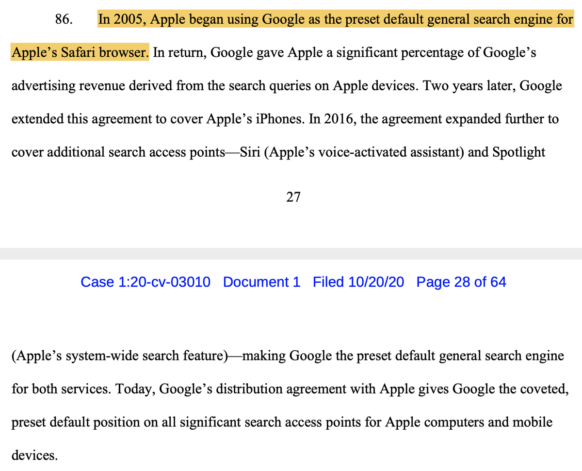 The complaint makes a lot of hay out of Google's deal with Apple to be the default search engine on Safari.Of course, being the default helps increase market share.But Tim Cook has also said that Google is the best search engine.Should the default be an inferior product?