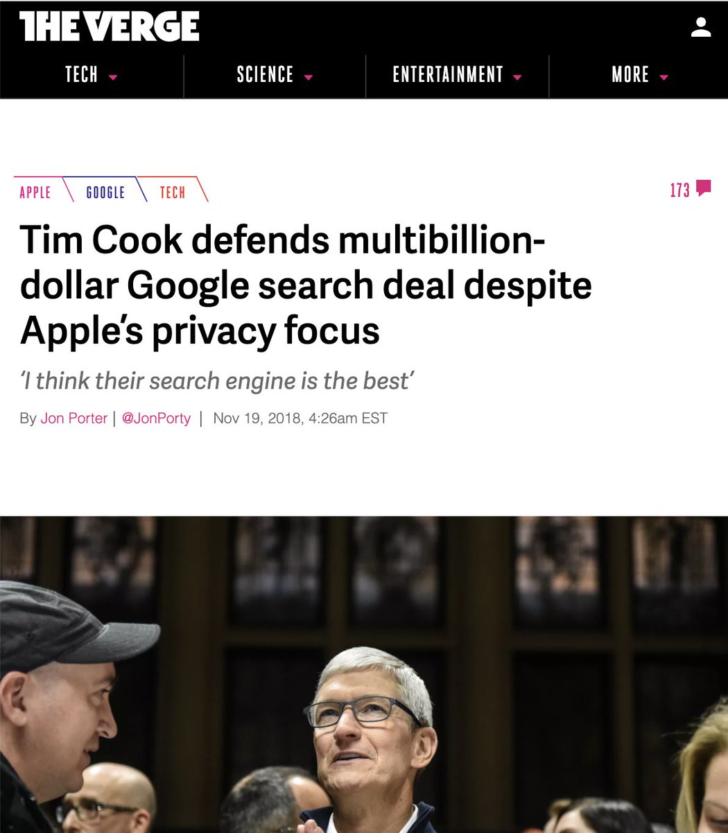 The complaint makes a lot of hay out of Google& #39;s deal with Apple to be the default search engine on Safari.Of course, being the default helps increase market share.But Tim Cook has also said that Google is the best search engine.Should the default be an inferior product?