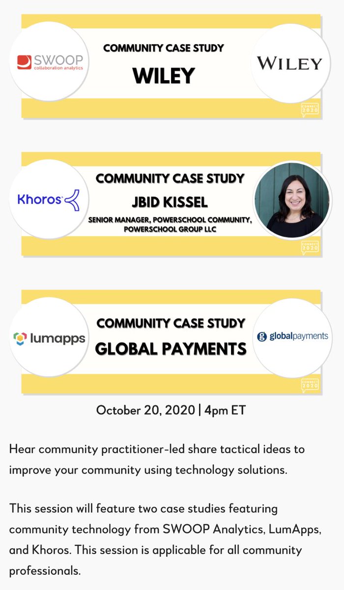 TheCR's tweet photo. Don't miss three #cmgt #tech case studies featuring @SWOOPAnalytics, @lumapps and @Khoros today at 4pm: https://t.co/ADb1N11iU9 Bring your questions! #cmgt #onlinecommunity #techtrack2020 #CONNECT2020 https://t.co/OSxoROP2Ap