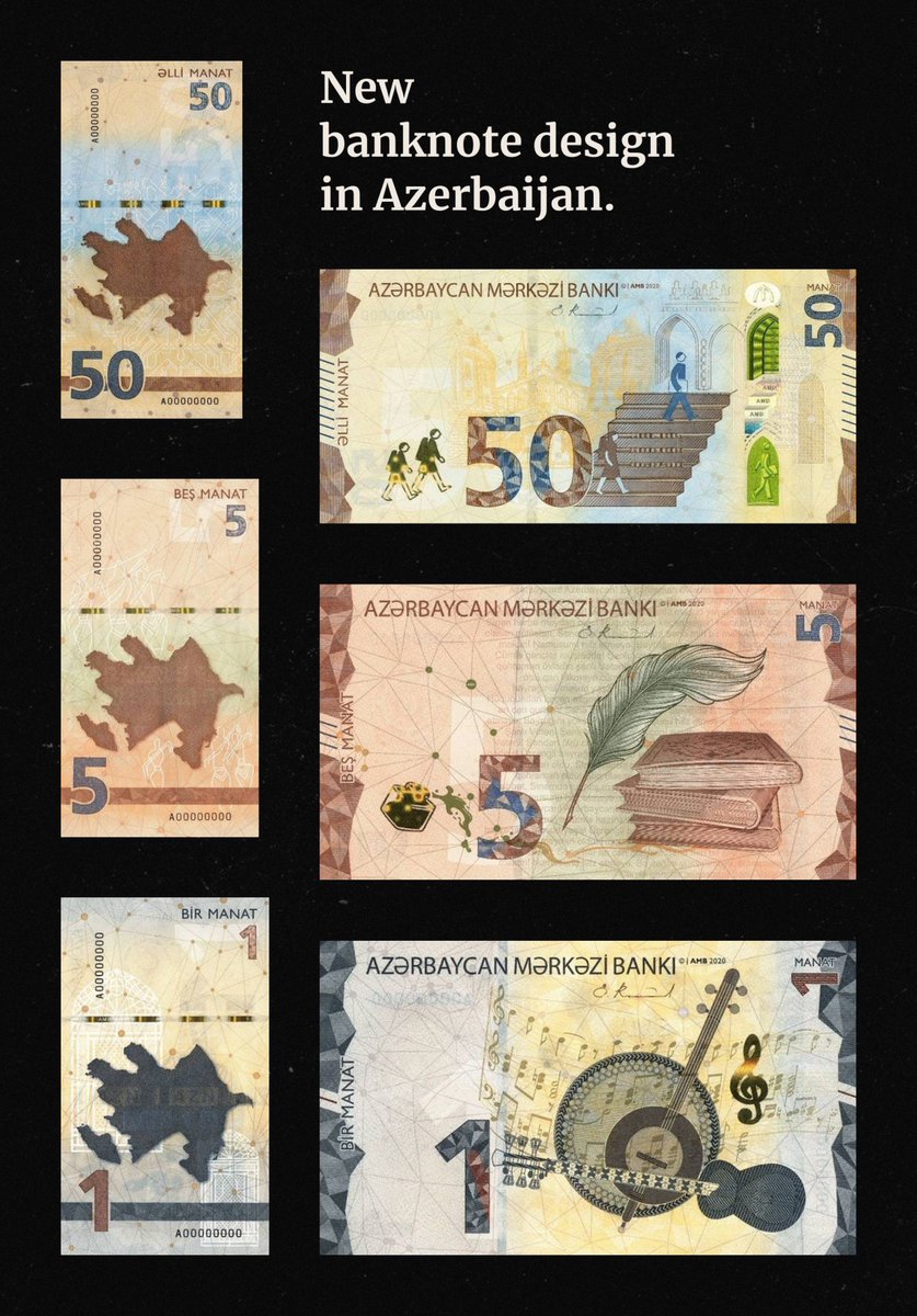 nrmnzkrghl's tweet image. 1 yanvar 2021-ci ildən etibarən dövriyyəyə buraxılacaq olan bu banknotların arxa üzü əvvəlkilərdən fərqli olaraq şaquli dizayn edilmişdir.

#azerbaijan #new #banknotedesign