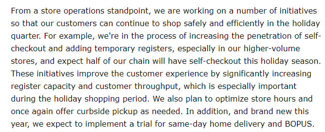 The Q2 transcript hints at trial for same day delivery. Is Instacart a trial? It also is testing BOPIS. It's interesting that curbside was a temporary measure, but may be reinstated.