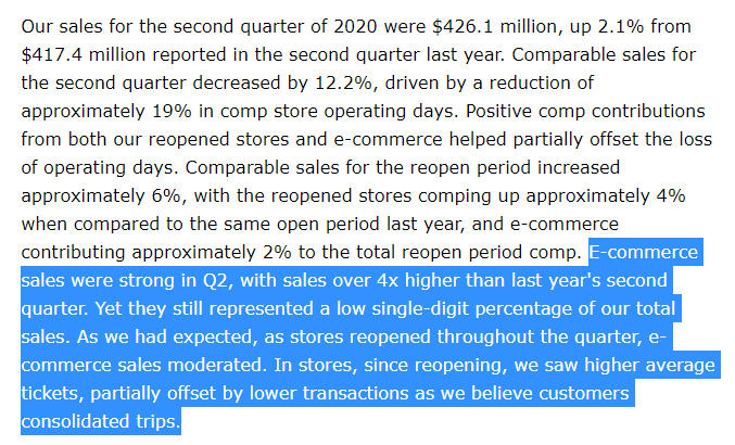 Here's interesting insights into consumer behavior. More e-commerce, but still low penetration. E-commerce growth slowed as stores opened. Trip consolidation happening even at a discretionary retailer.