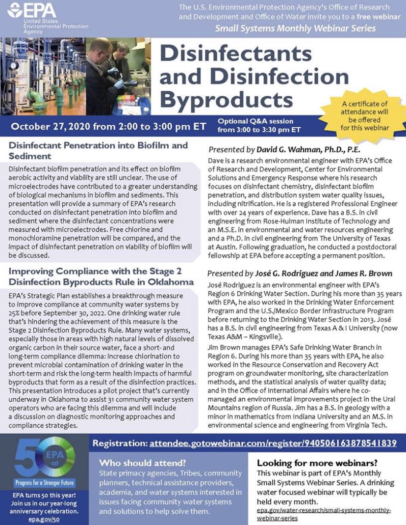 Keyundrea_'s tweet image. Registration is now open for EPA’s Small Drinking Water Systems Webinar on Disinfectants and Disinfection Byproducts - Tuesday, October 27th from 2PM🌎. Register here: register.gotowebinar.com/register/94050… 

#Envionmental #SmallSystems