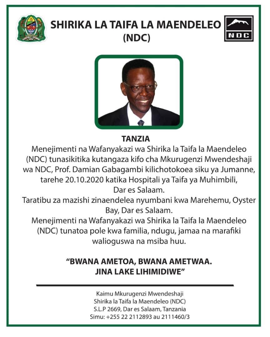 Hakingowi's tweet photo. 🛑TANZIA:

Mkurugenzi Mwendeshaji wa Shirika la Taifa la Maendeleo -NDC Profesa Damian Gabagambi afariki Dunia https://t.co/XLsBVn3PlK