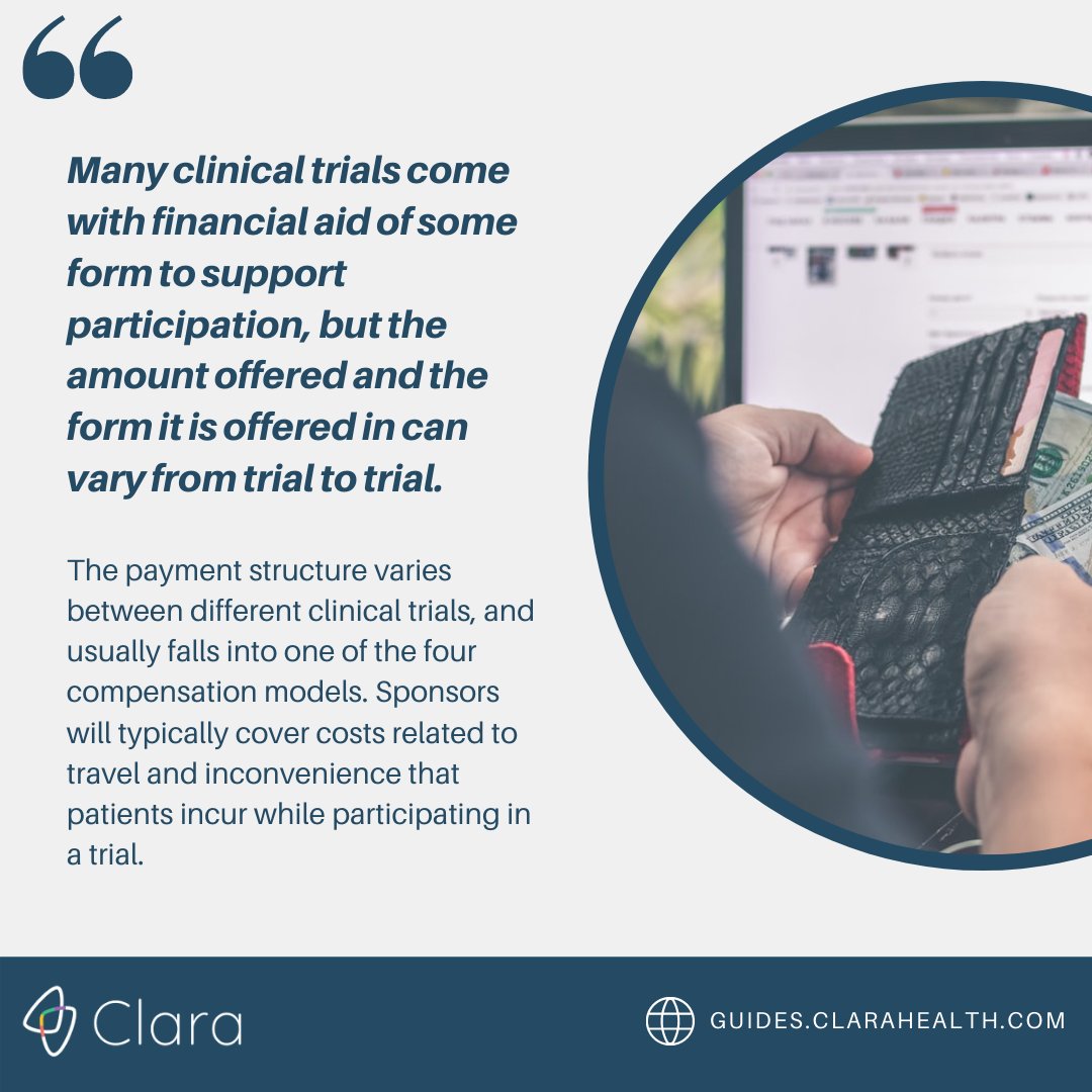 Many clinical trials come with financial aid of some form to support participation. At minimum, sponsors typically cover costs related to travel & inconvenience that patients incur while participating in a trial. READ MORE: guides.clarahealth.com/paid-clinical-… #clinicaltrials101 #clarahealth