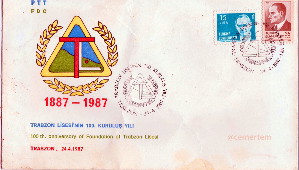 trabzonlisesi's tweet photo. 24.04.1987 günü Trabzon Lisesi'nin 100. Kuruluş Yılı nedeniyle PTT tarafından çıkartılan özel damgalı özel gün zarfı. https://t.co/ki7htt1dfn