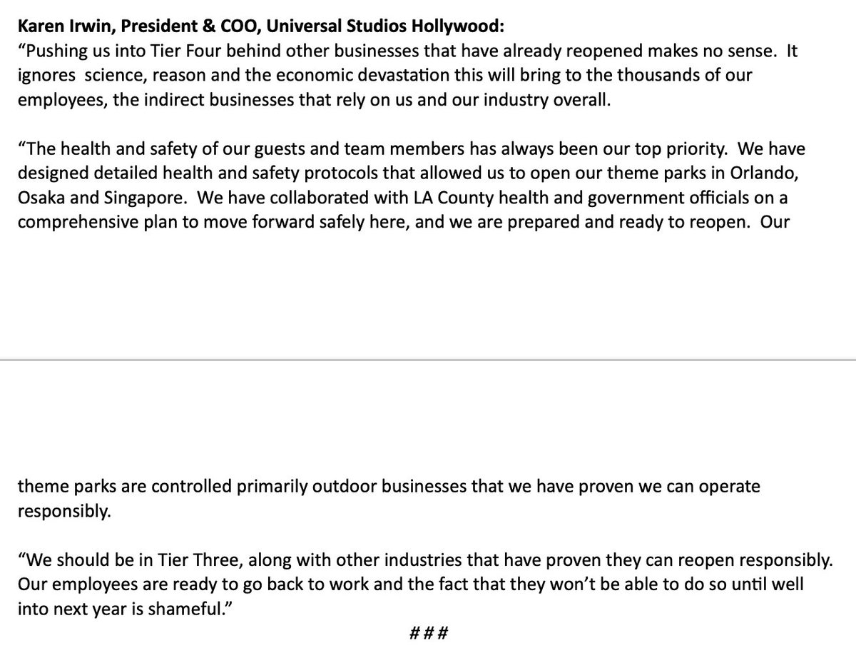 Here are the statements from most of the other major theme parks in California, via California Attractions and Parks Association.Universal Studios HollywoodLegolandKnott's Berry FarmCalifornia Attractions and Parks Association