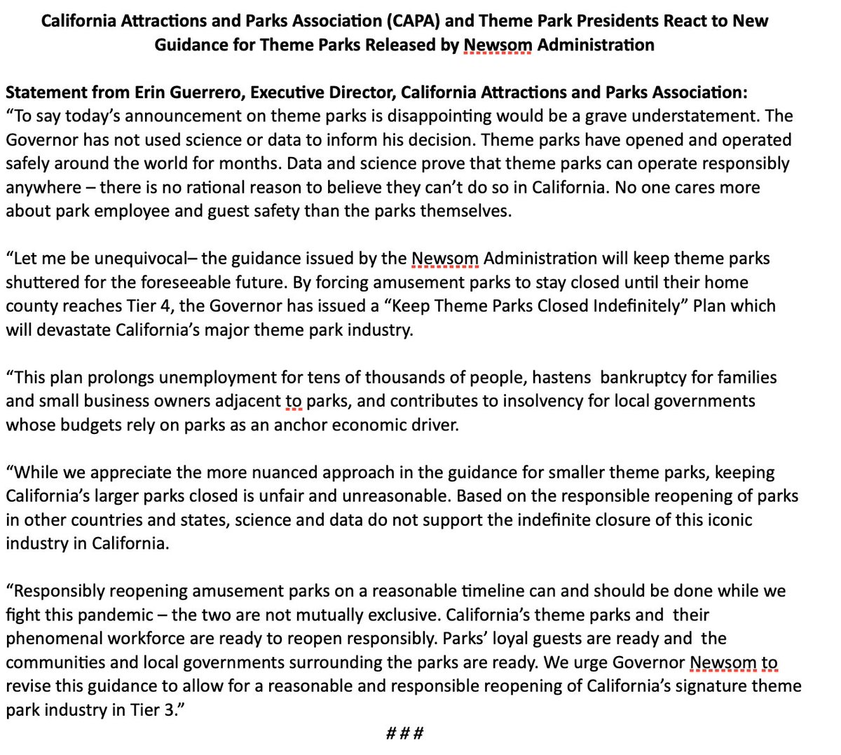 Here are the statements from most of the other major theme parks in California, via California Attractions and Parks Association.Universal Studios HollywoodLegolandKnott's Berry FarmCalifornia Attractions and Parks Association