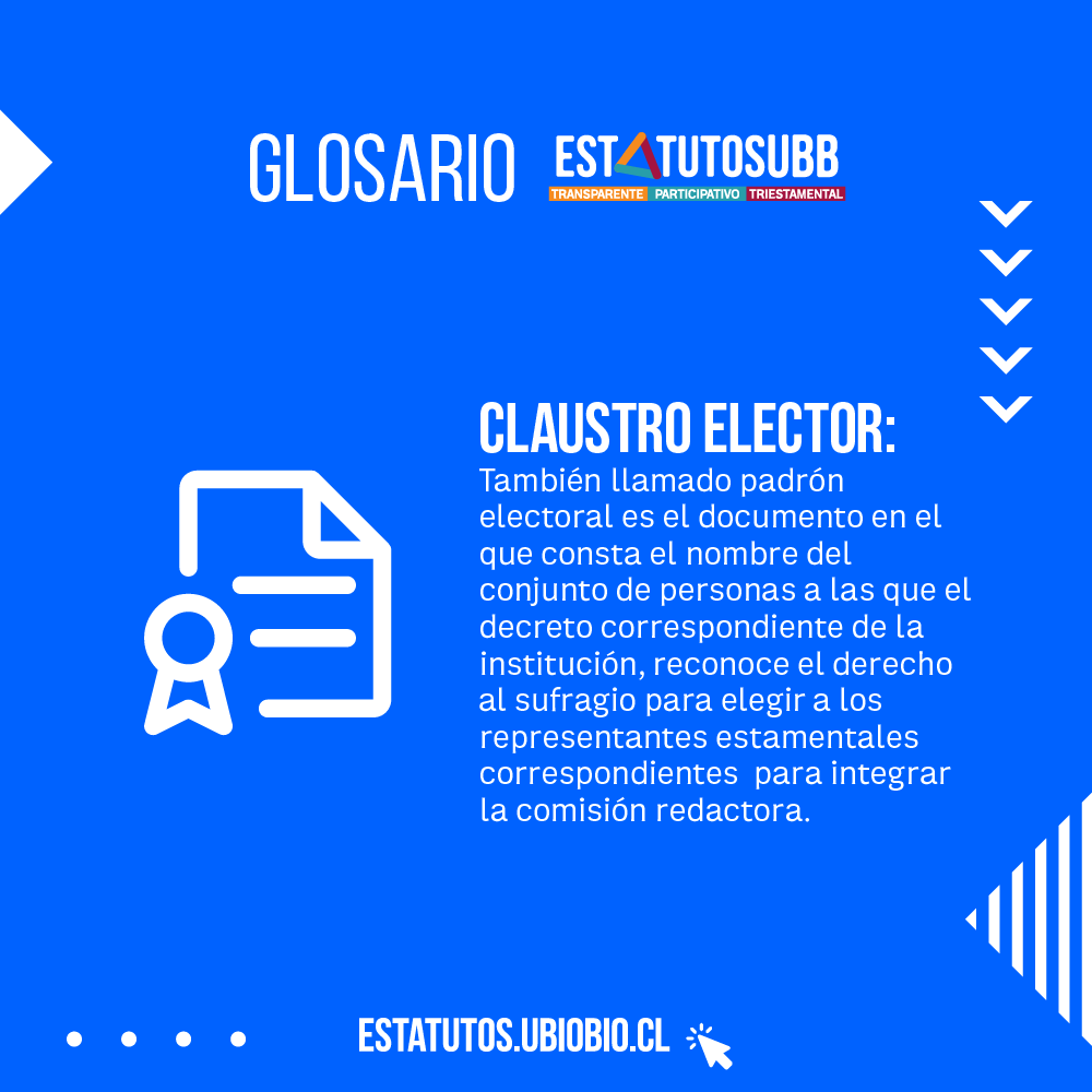 Claustro Elector, uno de los conceptos clave en el proceso de Elección de la Comisión Redactora 🤓

#UBB #ubiobio #EstatutosUBB #Estatutos #estatutosuniversitarios