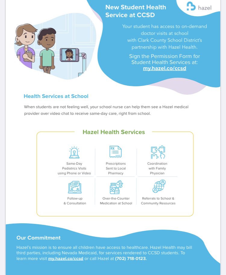 Western High School (@whs_warriorway) on Twitter photo We’re excited to announce a new health service, <a href="/hazelhealthinc/">Hazel Health</a>, giving students access to virtual doctor visits at school. A signed consent form is required for a student to receive these services. Sign up today at my.hazel.co/ccsd.
#warriorway We’re excited to announce a new health service, <a href="/hazelhealthinc/">Hazel Health</a>, giving students access to virtual doctor visits at school. A signed consent form is required for a student to receive these services. Sign up today at my.hazel.co/ccsd.
#warriorway