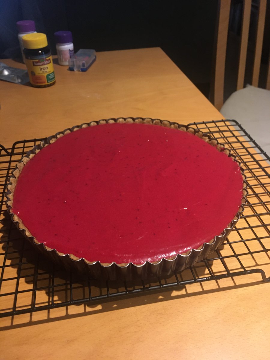 iamkj's tweet photo. Crust out of the oven; adding butter to the cranberry curd; ready for crust; let set for *4 hours* (patience is a virtue?) #livebaking https://t.co/WvzZUIsjPQ