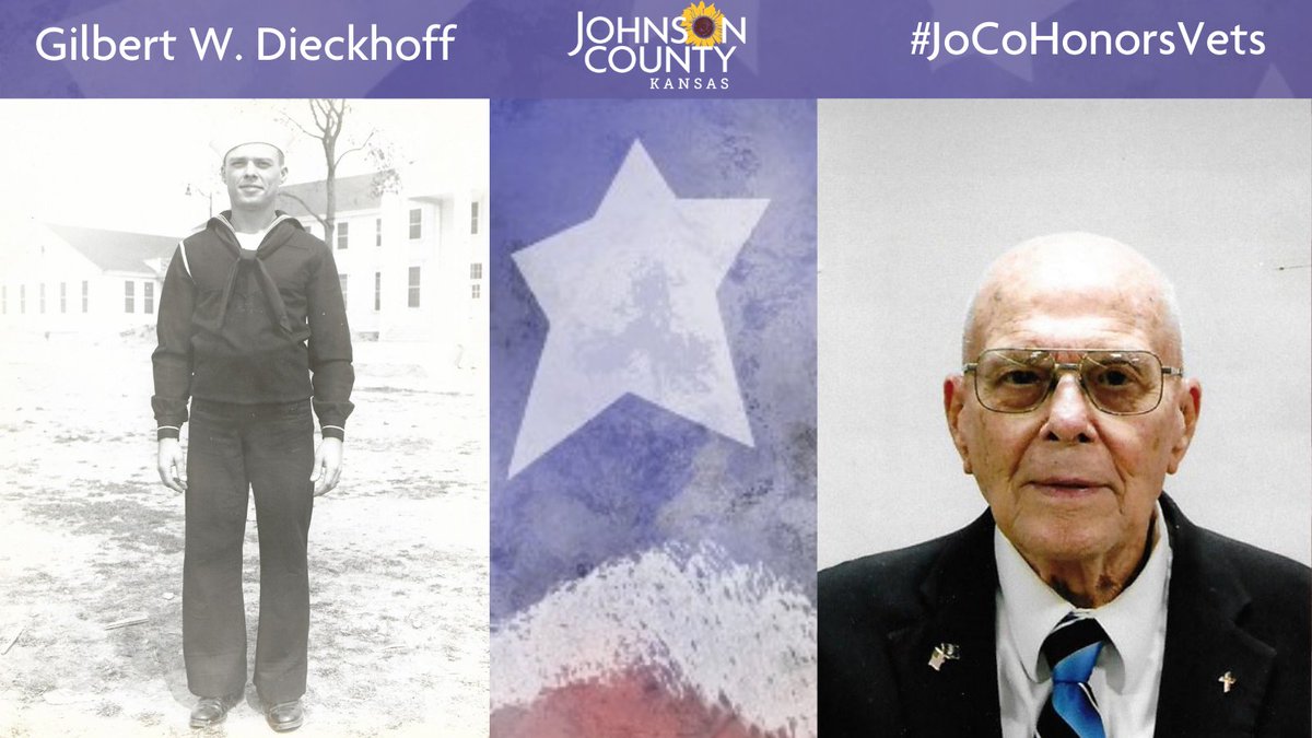 Meet Gilbert W. Dieckhoff who resides in  @CityofOlatheKS. He is a World War II veteran who served in the  @USNavy. Visit his profile to learn about a highlight of an experience or memory from WWII:  https://www.jocogov.org/dept/county-managers-office/blog/gilbert-w-dieckhoff  #JoCoHonorsVets 