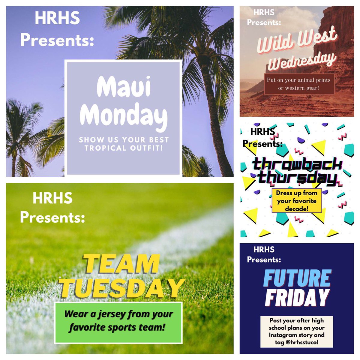 What’s better than a spirit week?
10/26-10/30
Monday: Maui Monday🌺🌴
Tuesday: Team Tuesday⚽️🏐🏀⚾️🥎🏊🏽‍♀️
Wednesday: Wild West Wednesday🐑🤠
Thursday: Throwback Thursday🕺🏻📜
Friday: Future Friday🥼🩺🔨🚜👷👩🏻‍💻
*make sure to tag <a href="/hrhsstuco/">Ragin' Nation</a> on Instagram!