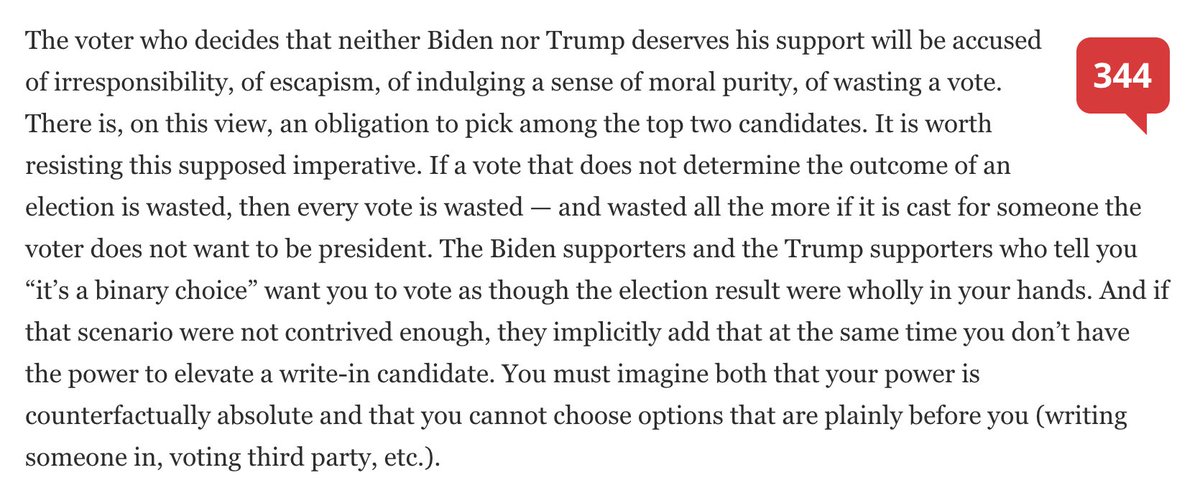 This passage is one of the most morally infantile things I have ever read. I already refuted its logic in my article linked near the top of this thread ( https://conservativestandards.com/2020/10/17/the-civic-negligence-of-third-party-voting/), so here I'll just make one more observation (continued...).