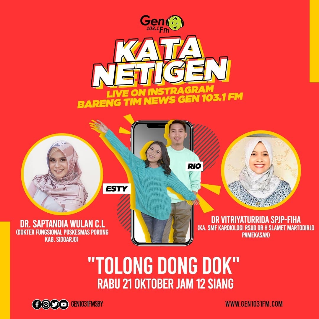 Sobat GEN bentar lagi kan ada Hari Dokter Nasional, nah <a href="/esty_riyani/">esty riyani</a> <a href="/rio_rodi/">Rio Rohadi</a> hari ini mau live ig bareng Dokter Sapta dan Dokter Vitriyaturrida lho.

Eh kamu mo nanya apa ke Dokter??? Jok lali #KataNetigen Live Instagram hari ini mulai jam 12 siang yo sob!

#gen1031fmsby