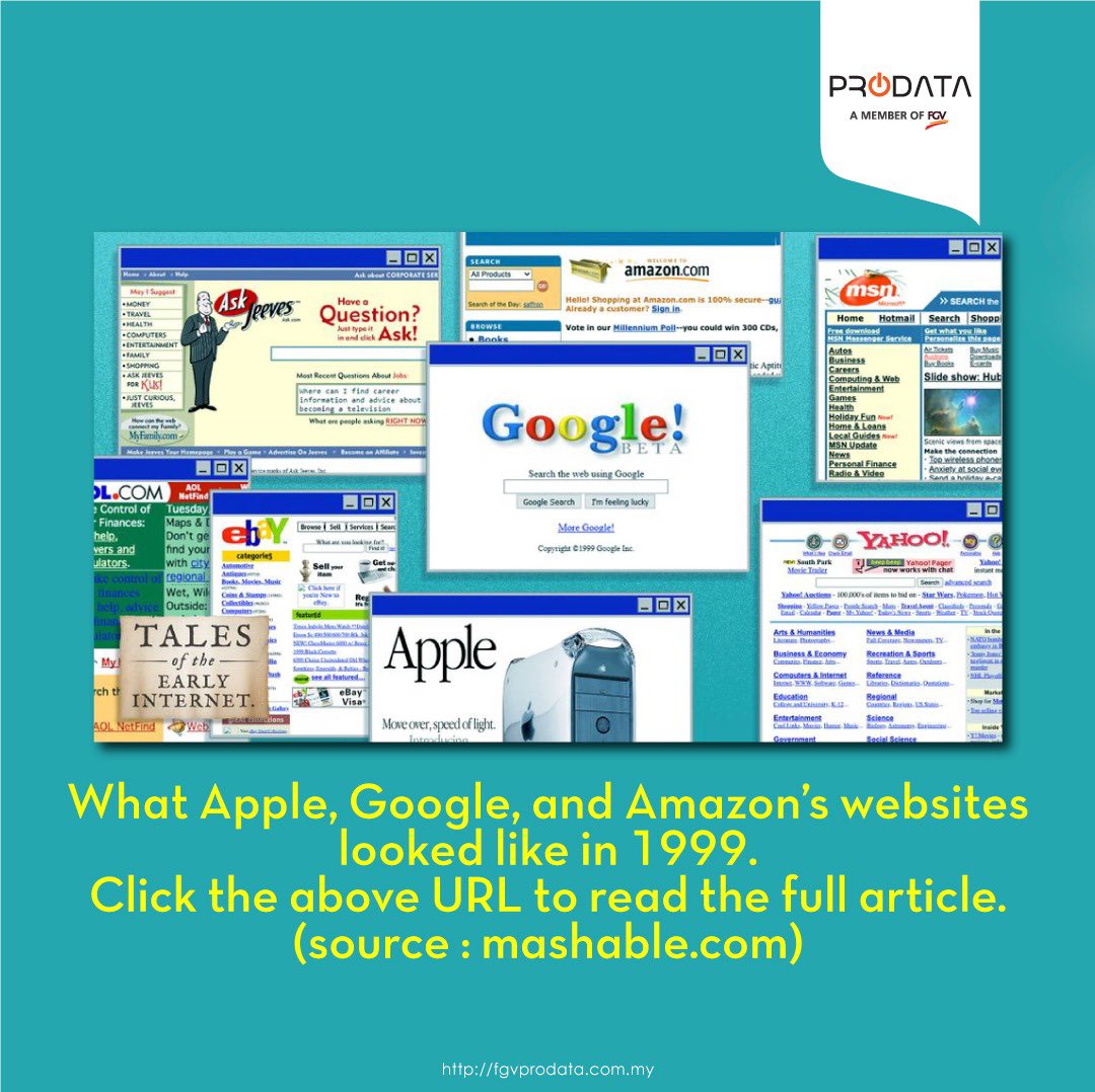 FProdata's tweet image. Let us find out what Apple, Google, and Amazon&apos;s websites looked like in 1999. Please click this link to read the full article bit.ly/3knlB3C. #fgvprodata #Technologysharing