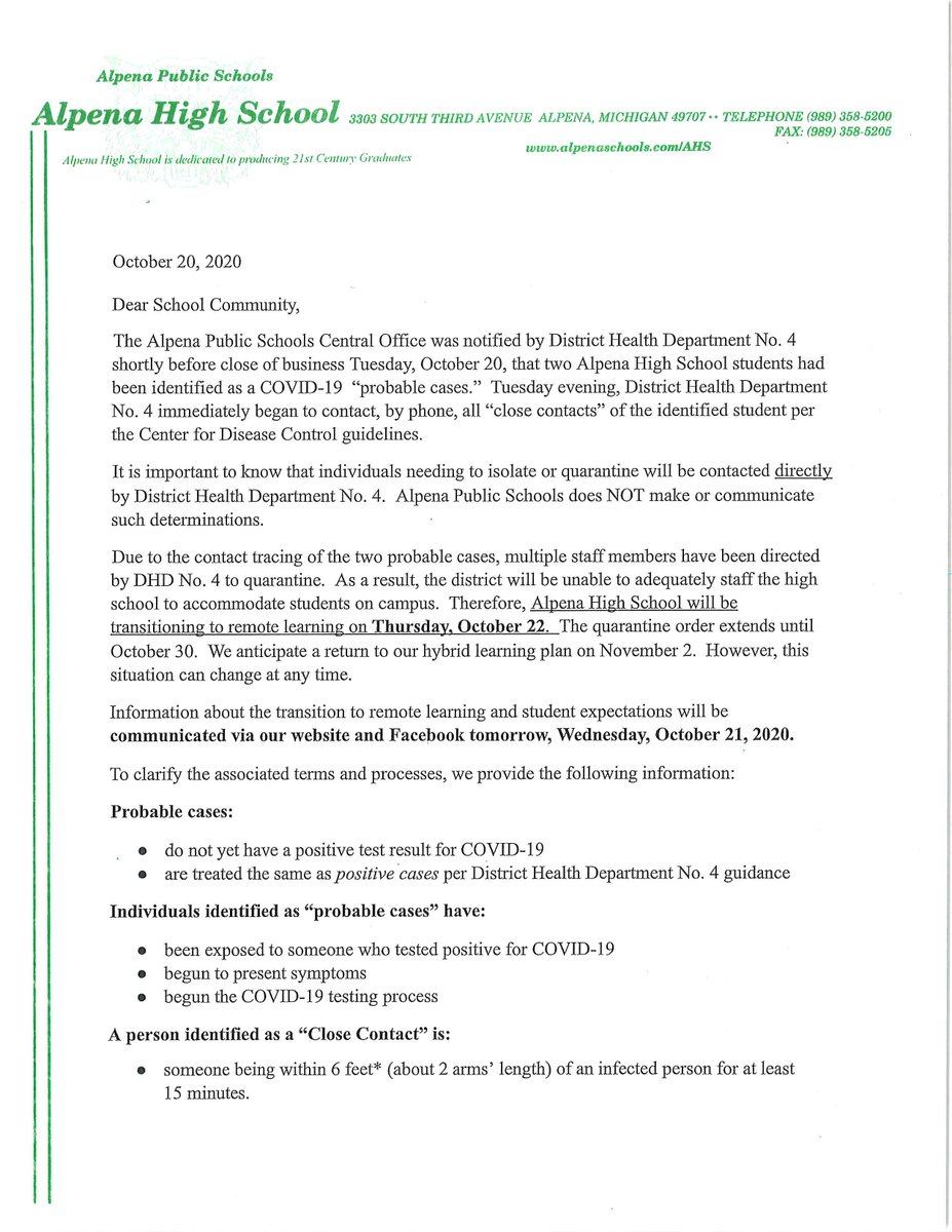 TBerriman's tweet photo. Alpena High School will transition to #remotelearning from October 22 to October 30 due to a shortage of staff.  #COVID19 #miched https://t.co/9jNqbVXGtH