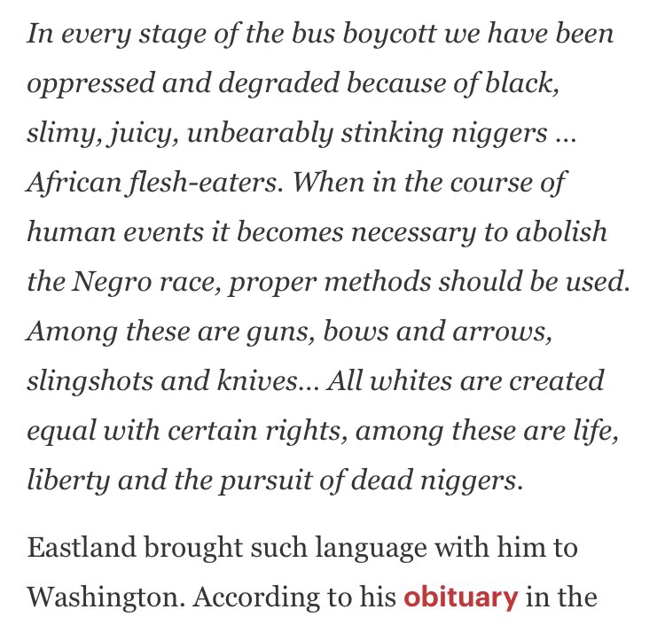 “All whites are created equal with certain rights, among these are life, liberty & the pursuit of dead niggers.” - Sen. James Eastland, white supremacist. Eastland was also Joe Biden’s mentor, Biden said “he never called me boy, he always called me son.” https://www.rollingstone.com/politics/politics-news/why-did-biden-praise-racist-senator-booker-deblasio-850220/