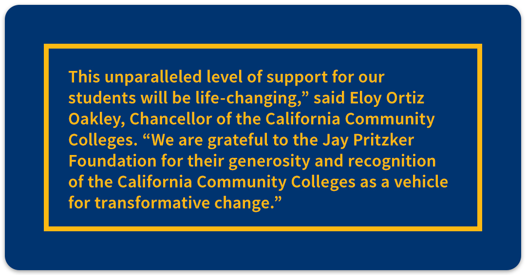 CalCommColleges's tweet photo. From Jay Pritzker Foundation Pres. Dan Pritzker: “The Jay Pritzker Foundation grant is meant to serve those most in need who have the drive to succeed.” Thank you, Mr. & Mrs. Pritzker, for your investment in #CACommColleges student success! #SupportStudents #FinishLineScholars https://t.co/JUAMmCxeou