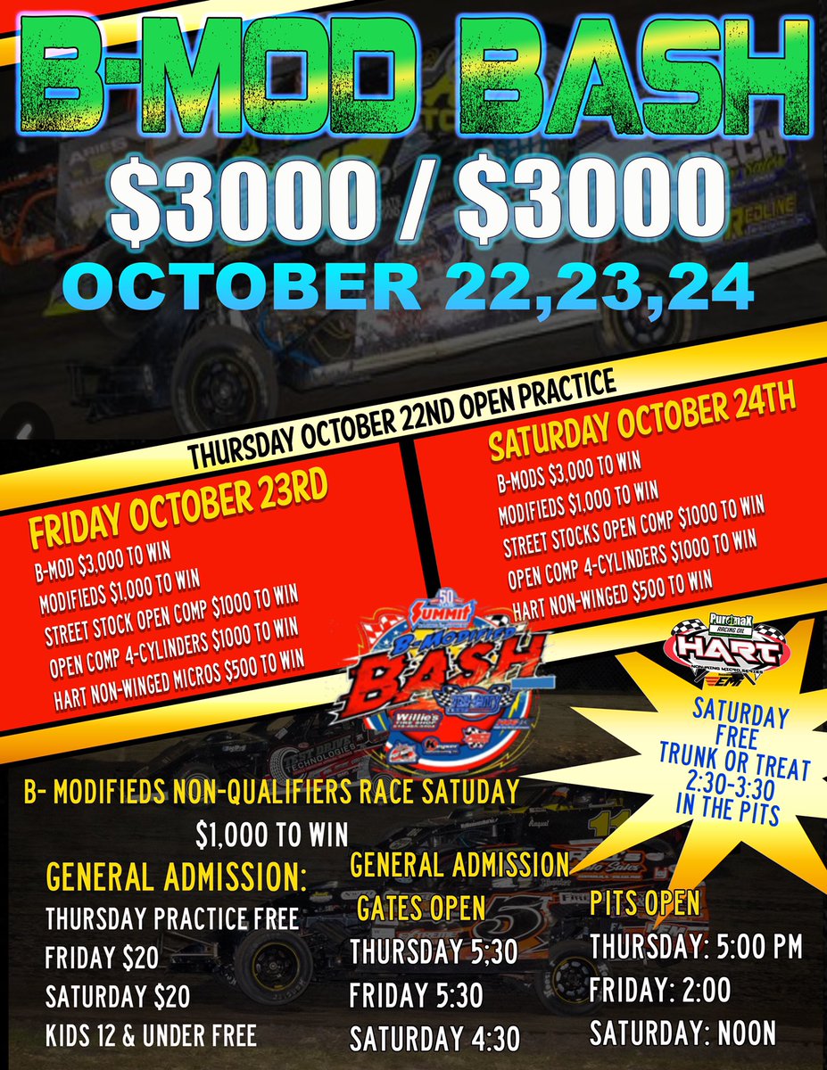 B-Modifieds 6th Annual B-Mod Bash Oct 22.23.24 Get Ready to Rip!!!! Friday $3,000/Saturday $3,000. Open Practice Thursday. Added Saturday Non-Qualifier Race $1,000 to win