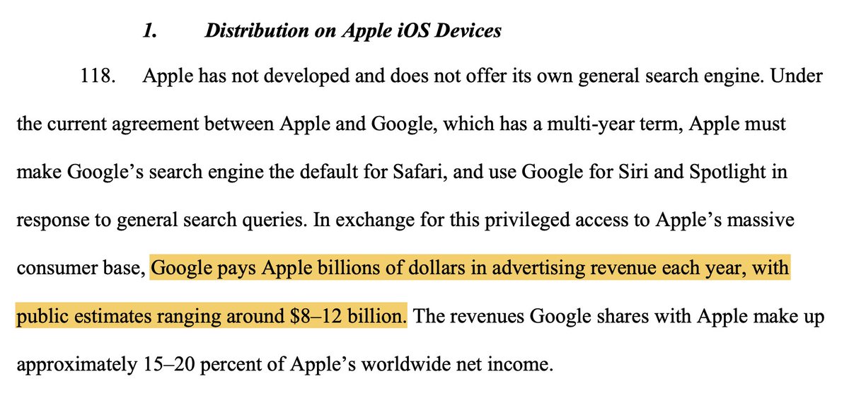 Important point:If Google needs to pay Apple billions of dollars per year to be the default search engine on Apple devices, that's indicative of Apple's market power over distribution, not Google's.