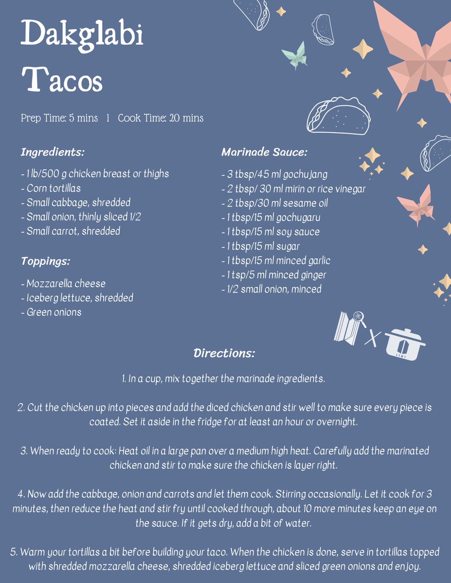 Appetizer - Dakgalbi TacosThis taco comes from the iconic '2 STAR BURGER' fast food restaurant that Hoseok works at in BTS Universe. BTS ARMY Kitchen came up with the creative idea to put a twist on the tacos and turn them into Korean fusion tacos!