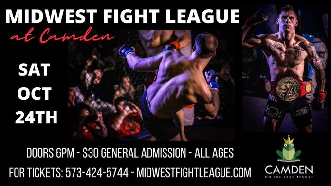 Check this out! MMA brought to you @HToads
by Midwest Fight League Oct 24th @CamdenontheLake
Get in on the excitement and grab your tickets now by calling 573-424-5744.
#mma #fight #fightleague #hornytoads #lakeoftheozarks #loz https://t.co/FGfkv1diNH