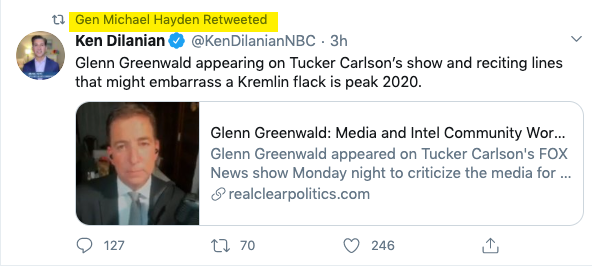 When you're trying to live down that time you got exposed as a journalist who collaborates with the CIA, but then Bush/Cheney's CIA & NSA chief comes and endorses your attack on a journalist as a Kremlin asset.This is the union between US journalism and the CIA, here: 