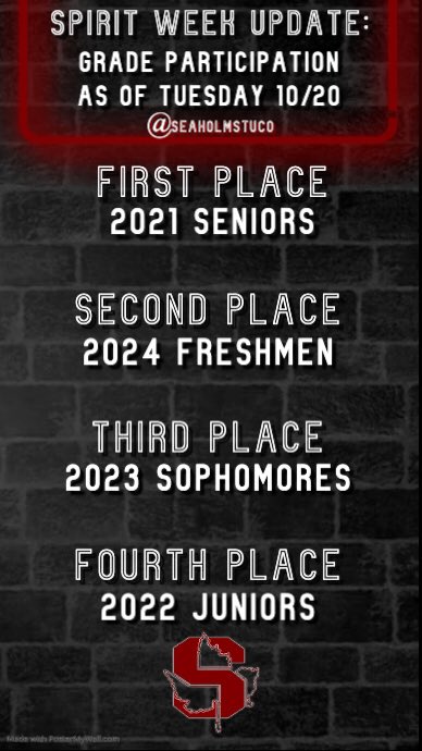 🍁SPIRIT WEEK UPDATE!🍁
1st Place- 2021 Seniors
2nd Place- 2024 Freshmen
3rd Place- 2023 Sophomores
4th Place- 2022 Juniors