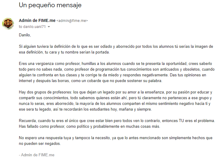 fimeme's tweet image. Le enviamos un mensaje al "profesor" más aborrecido de la fime.